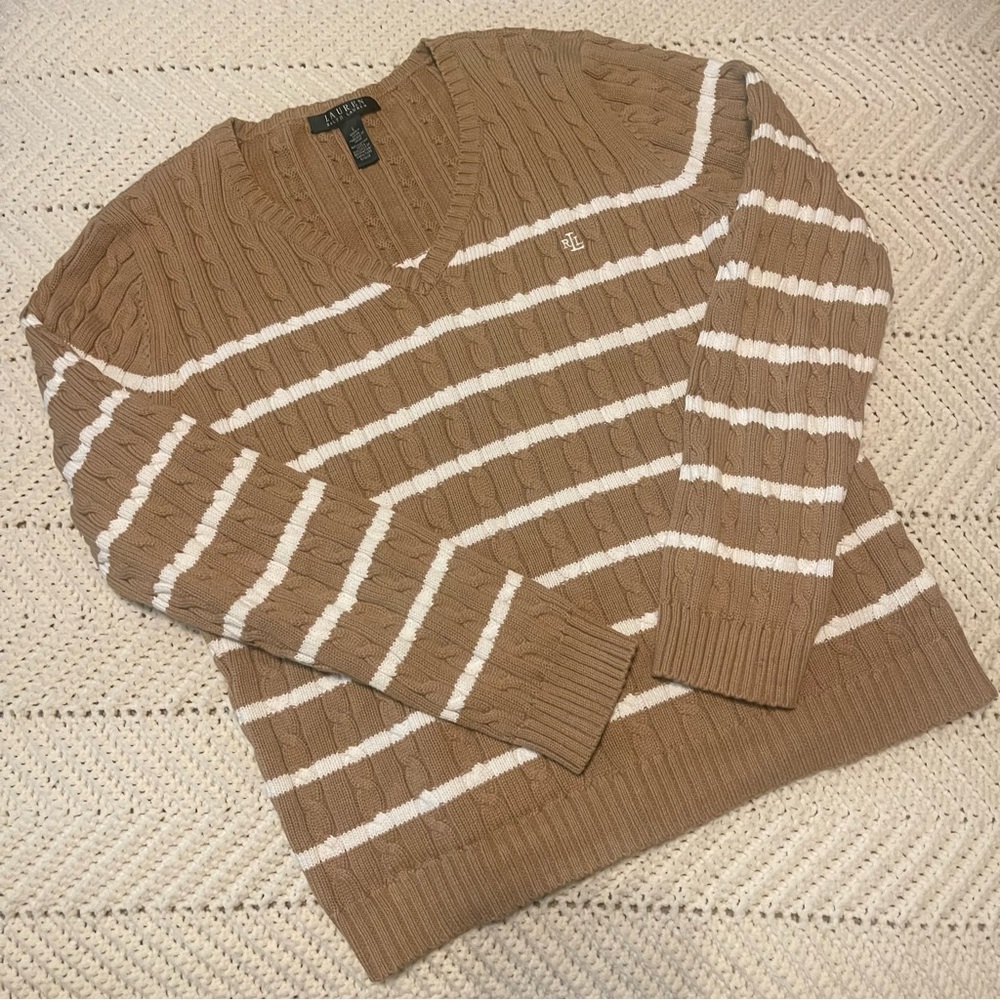 Ralph Lauren Tan cable knit V neck sweater